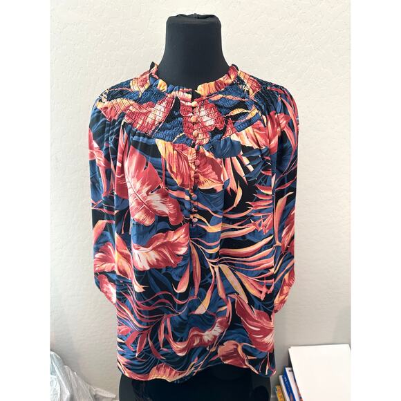 INVESTMENTS | Silky Hawaiian Floral Contemporary Smock Flutter Sleeve Blouse |XL - Picture 2 of 7